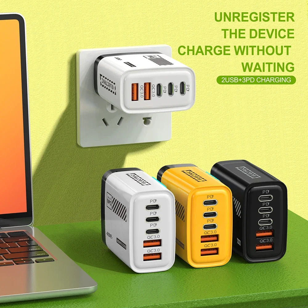 5 Ports Fast Charger Type C Quick Charge 3.0 USB C Wall Charger Adapter For iPhone 17 Pro Samsung Xiaomi mi PD USB Fast Charging