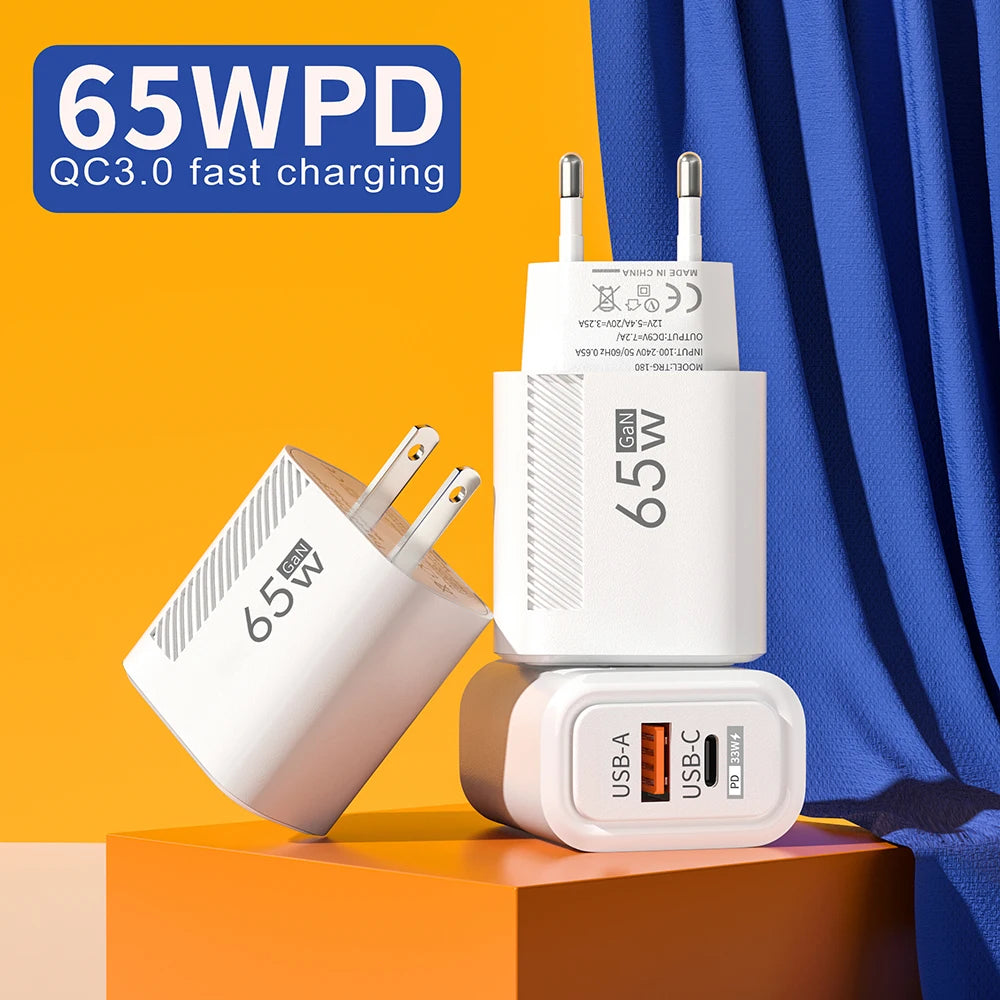 PD 65W GaN Charger USB C Fast Chargering Adapter For Samsung S23 S22 iPhone 15 14 Xiaomi Huawei LG Quick Charge 3.0 USB Charger (kopija)