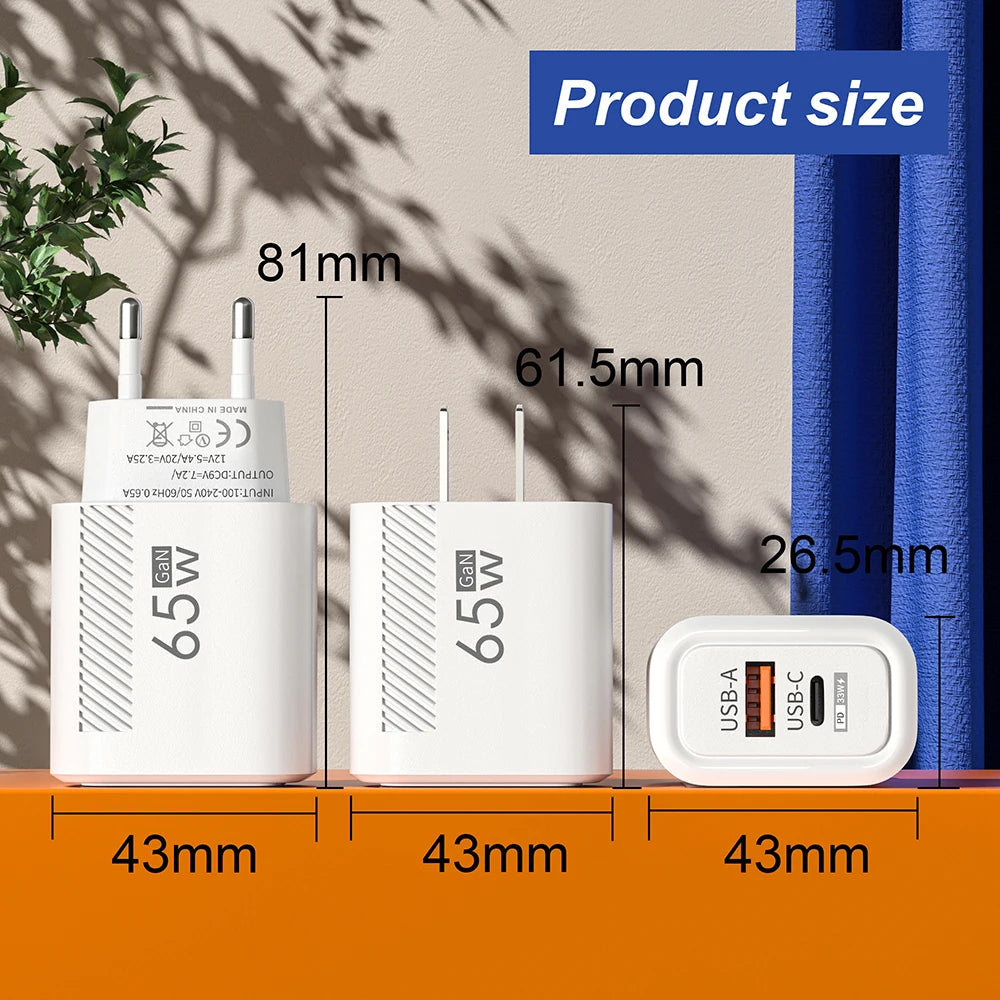 PD 65W GaN Charger USB C Fast Chargering Adapter For Samsung S23 S22 iPhone 15 14 Xiaomi Huawei LG Quick Charge 3.0 USB Charger (kopija)
